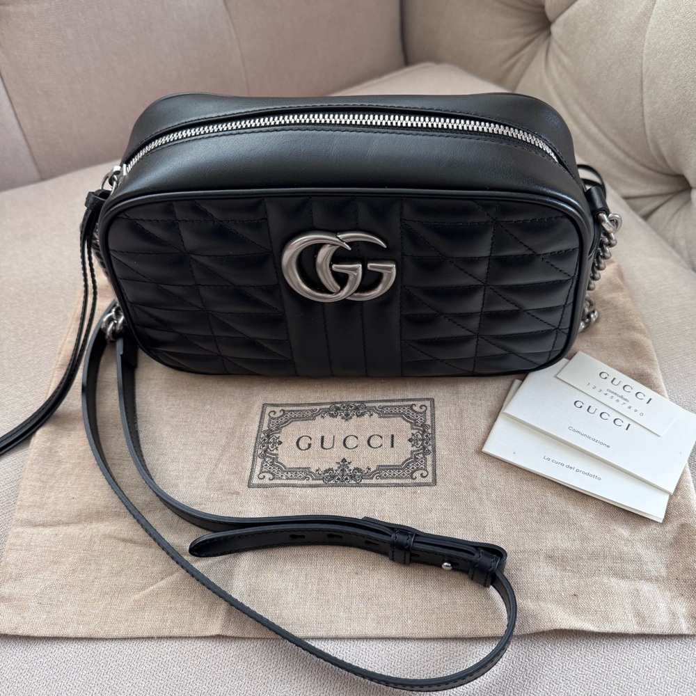 Authentic Gucci Marmont Mixed Matelasse Bag in Black with silver hardware